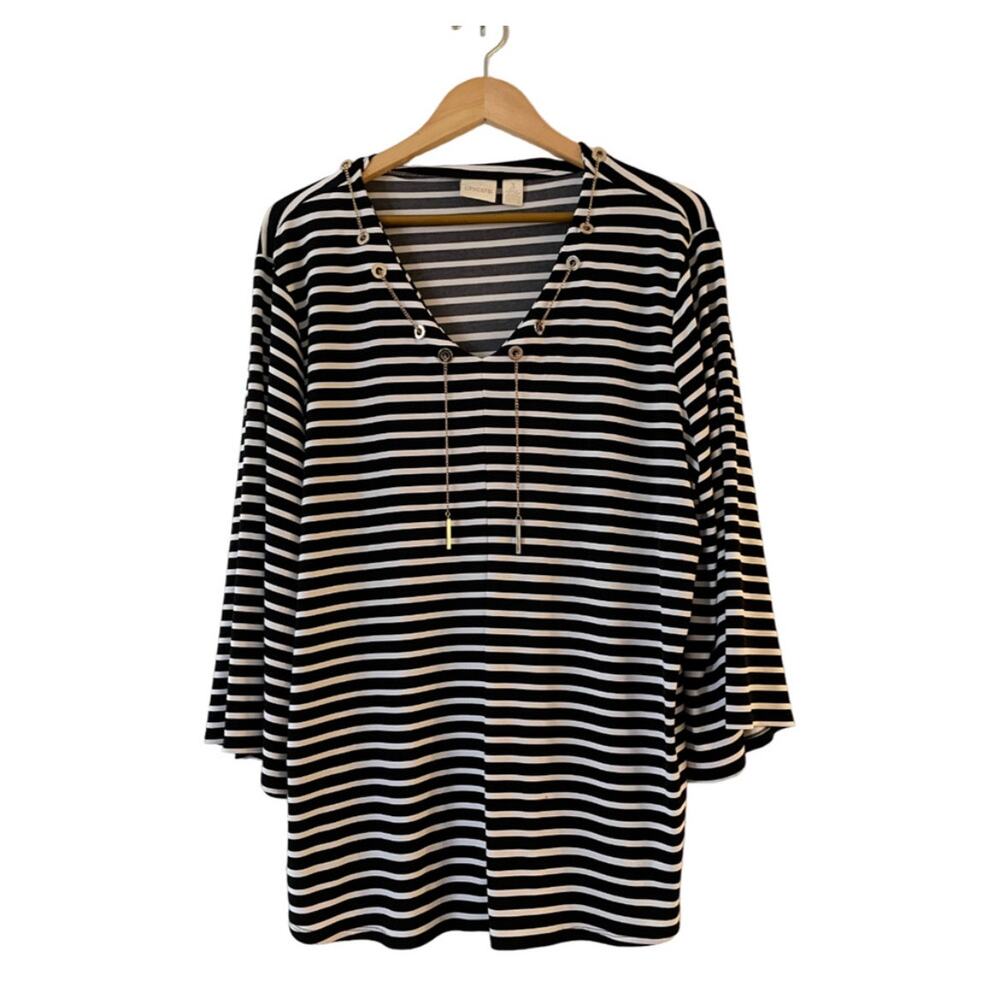 Chico's Black and White Stripe Tunic Top with Gold Chain V-Neck - Size 2 - Large